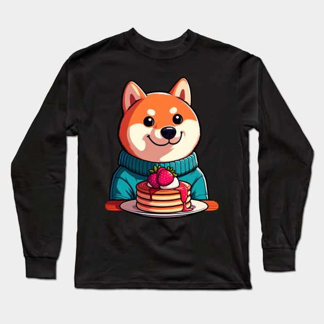 Shiba Inu Loves Strawberry Pancakes Long Sleeve T-Shirt by Plushism